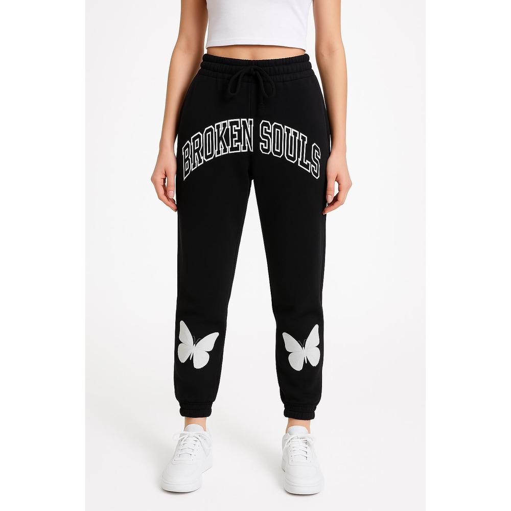 Yours Truly Sweatpants Womens Size M Black Joggers Butterfly Print Drawstring - Picture 3 of 7